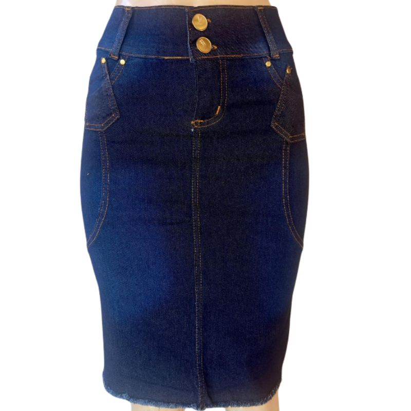 Saia Slim Secretária Jeans com Lycra – elastano Lavagem Escura em Oferta na Shopee
