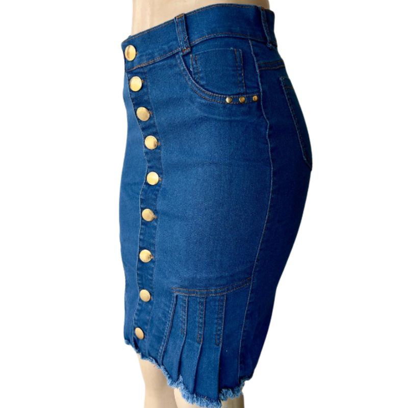 saia jeans slim secretaria com elastano ,com botões frontais , cor azul claro em Oferta na Shopee