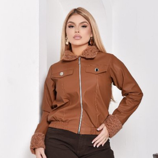 Jaqueta Feminina Couro Com Zíper Frontal e Bolso Decorativo Inverno Elegante Com Detalhe em Teddy em Oferta na Shopee