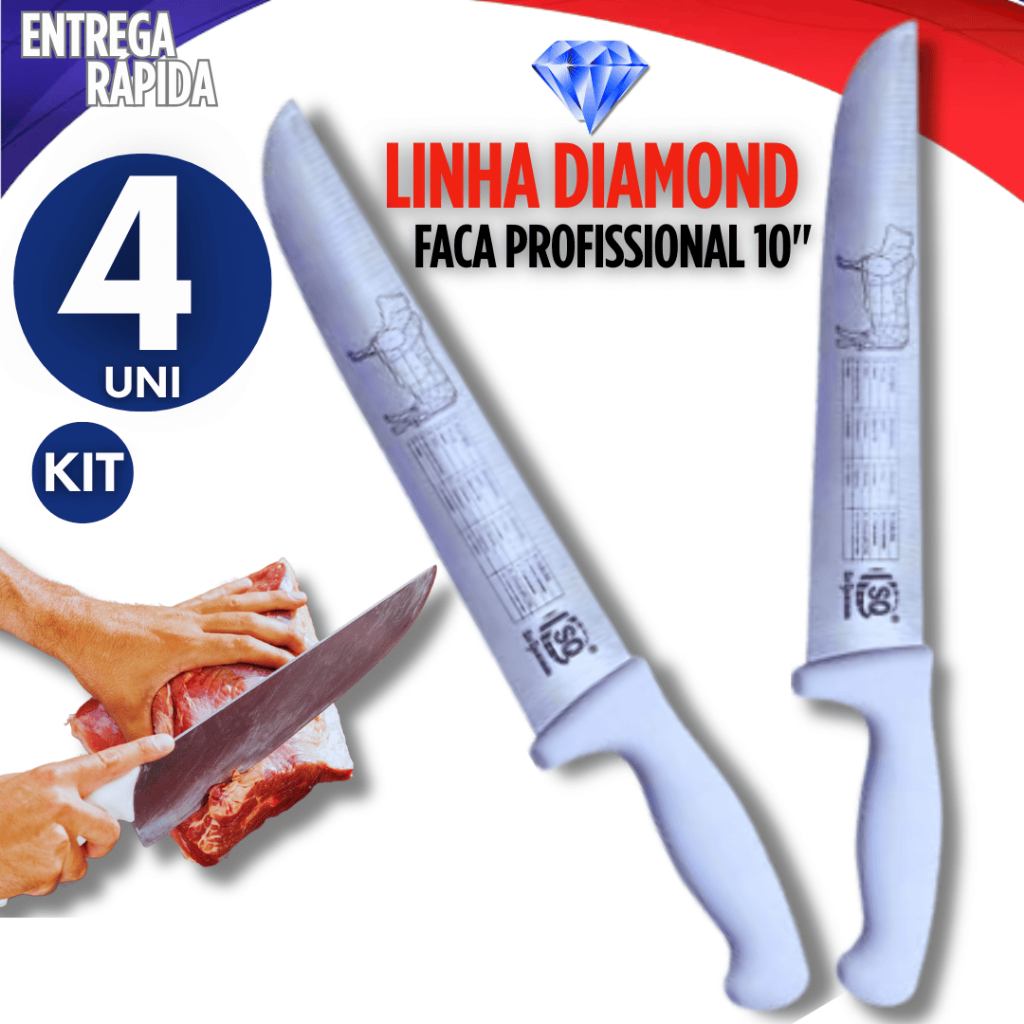 Kit 4  Facas Cabo Branco 10" Em Aço Inox Profissional Do Açougueiro e Churrasqueiro Para Açougue Qualidade Garantida