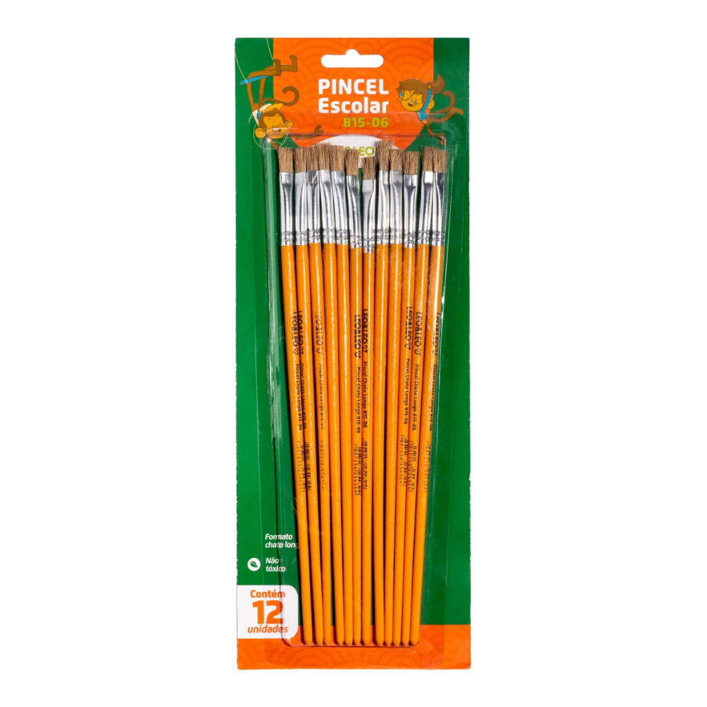 Pincel Escolar Chato Leo&Leo Ref. 815-06  Cabo Longo Pct c/ 12un Pincel Escolar Chato