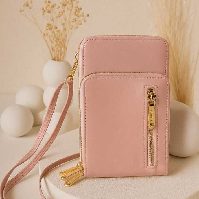 Carteira Bolsa Porta Celular Feminina De Couro Macio Transversal Alça De Ombro