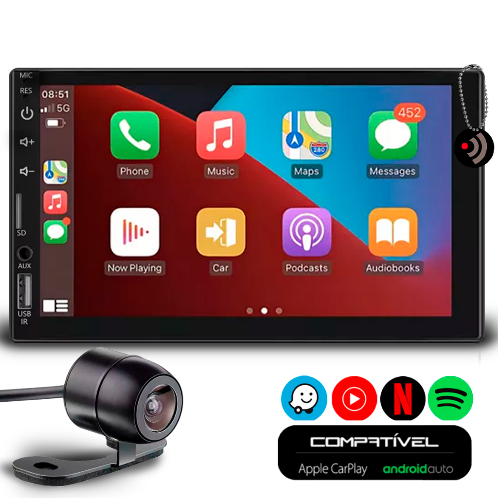 Multimídia 7" Polegadas CarPlay/AndroidAuto Apps Gps Spotify + Câmera de Ré Colorida Universal Preta - Spare Parts and Accessories for Vehicles