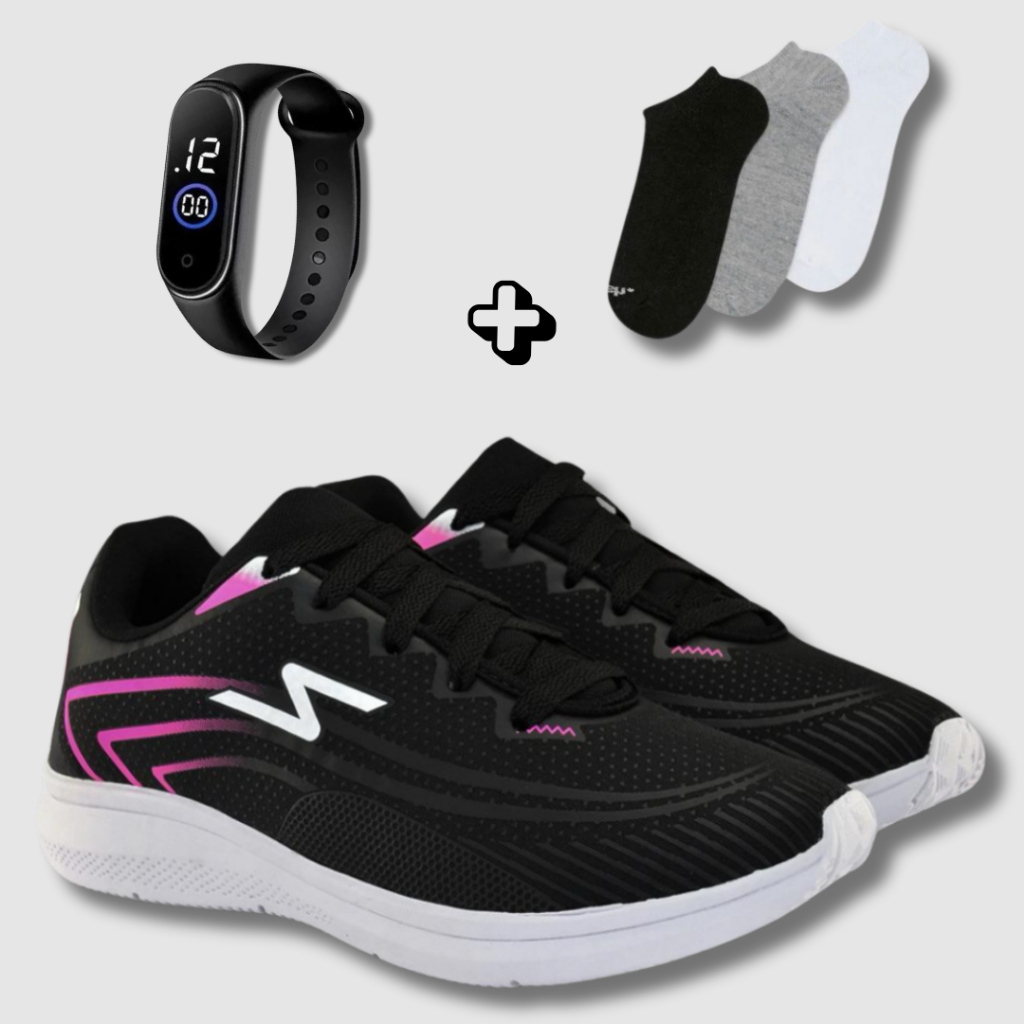Super Kit Unissex: Tênis Leve + Meia Curta + Relógio | Ideal Para Treinar