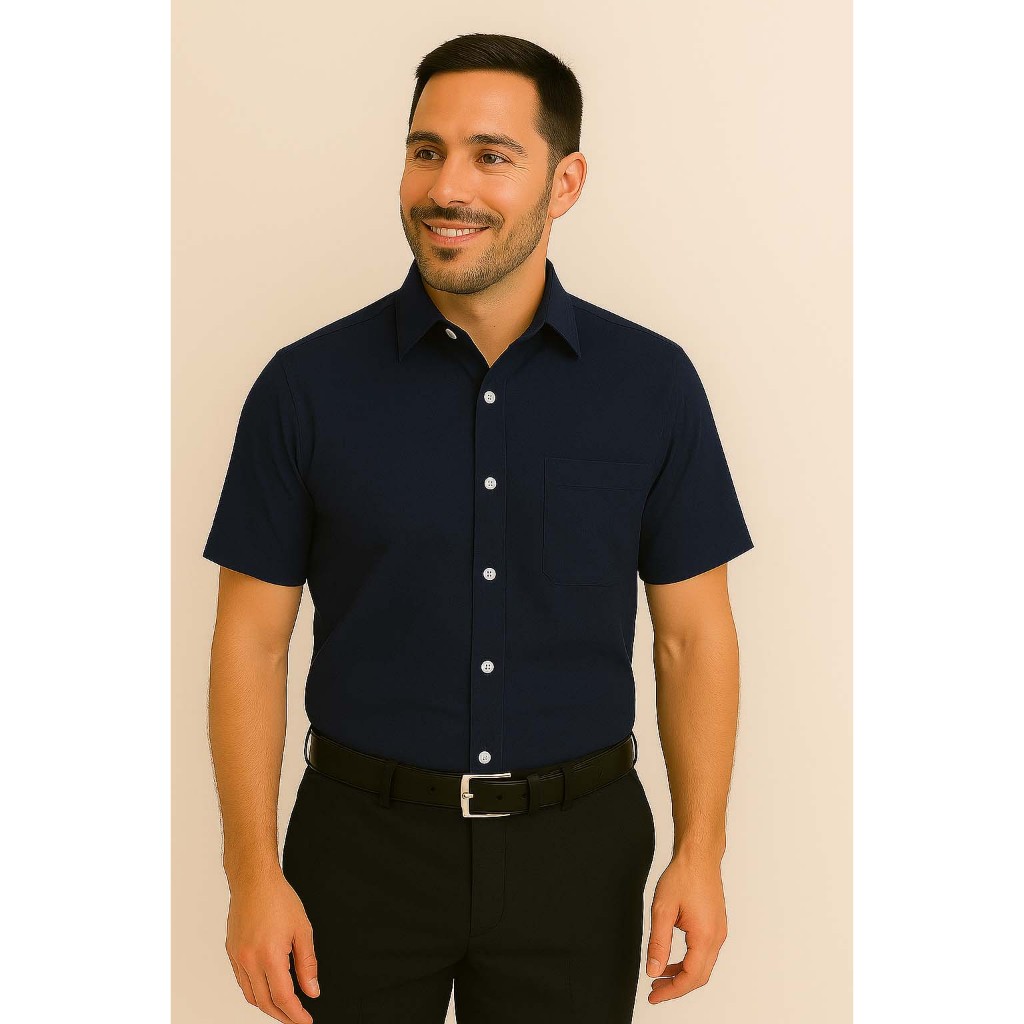Camisa Social Manga Curta 100% Microfibra Masculina Azul Marinho Escuro Noite Lisa Bom Pano