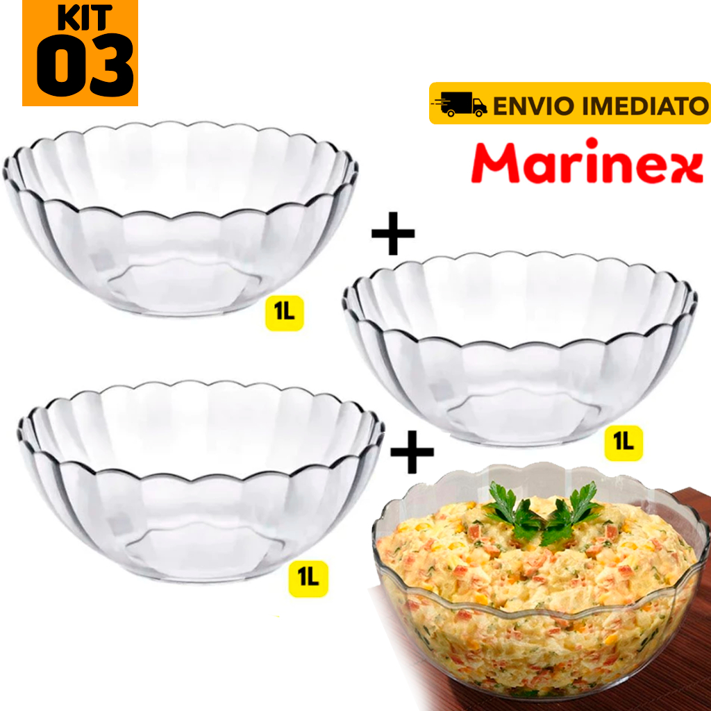 Conjunto de Saladeiras Marinex Tigela Bella Vidro Astral 1LT Ideal Sobremesa Salada Freezer Forno