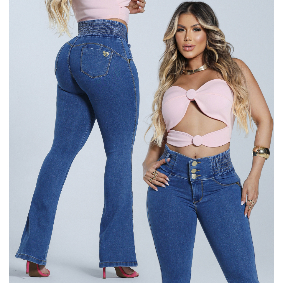 Calça flare feminina jeans premium modeladora lipo com lycra cintura alta empina bumbum boca de sino