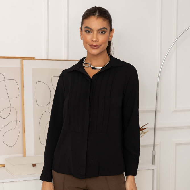 Camisa Social Feminina Lana Slim e Plus Size Elegante Clássico com Botões Maga Longa