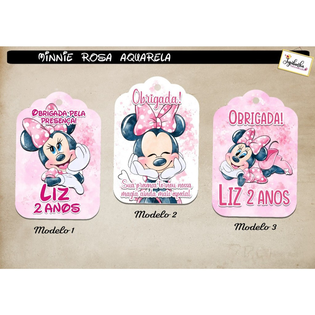 TAG LEMBRANCINHA - MINNIE ROSA AQUARELA - TAG DE AGRADECIMENTO - TAG COM FURO - PERSONALIZADOS - TAG