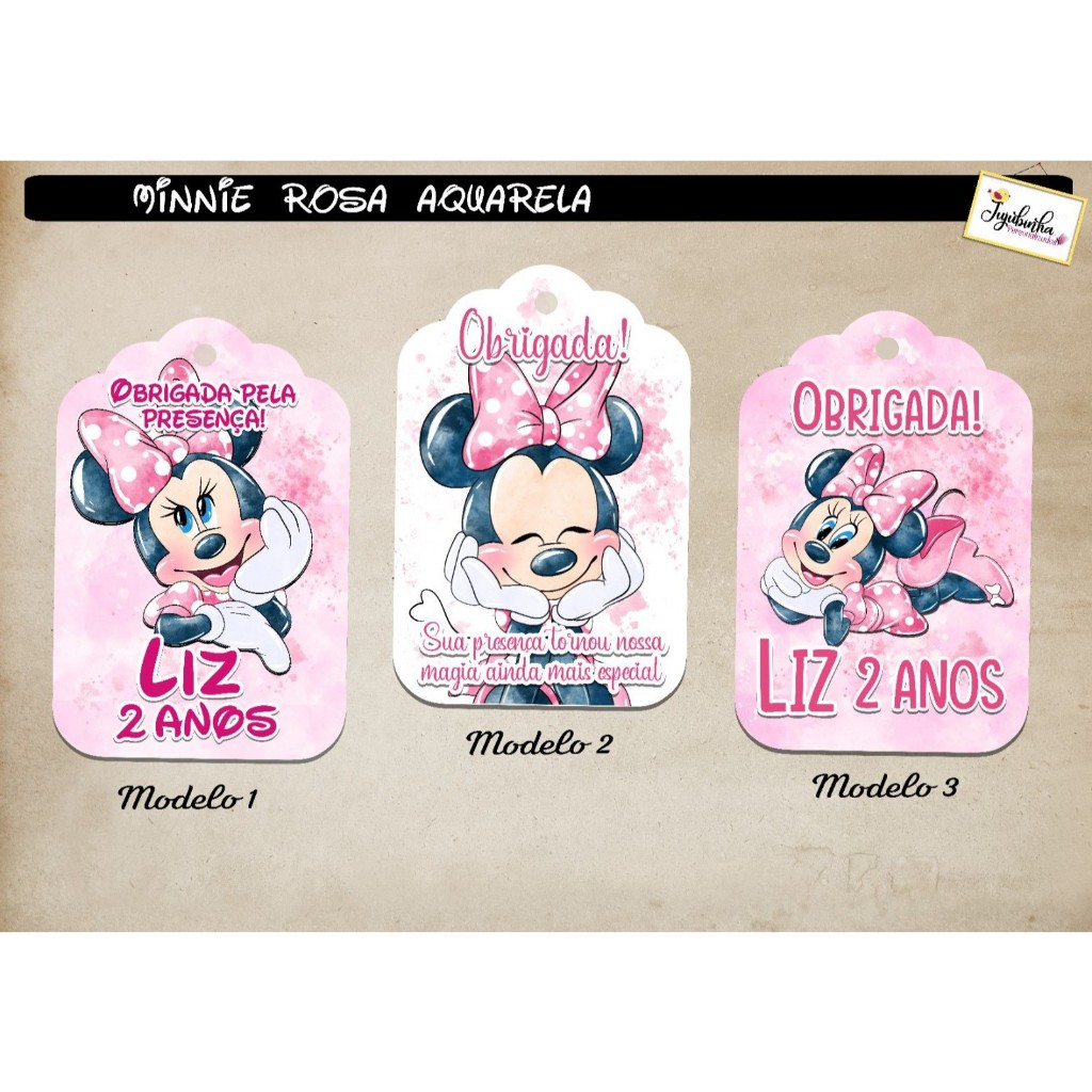 TAG LEMBRANCINHA ADESIVA- MINNIE ROSA AQUARELA - TAG DE AGRADECIMENTO - TAG COM FURO - PERSONALIZADO