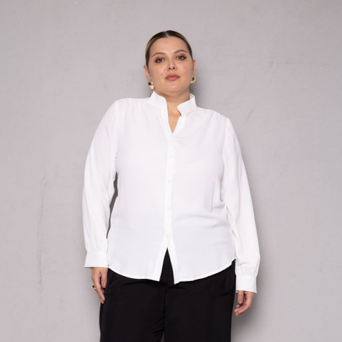 Camisa Feminina Fernanda Manga Longa Botões Slim e Plus Size Gola Padre Social Alfaiataria