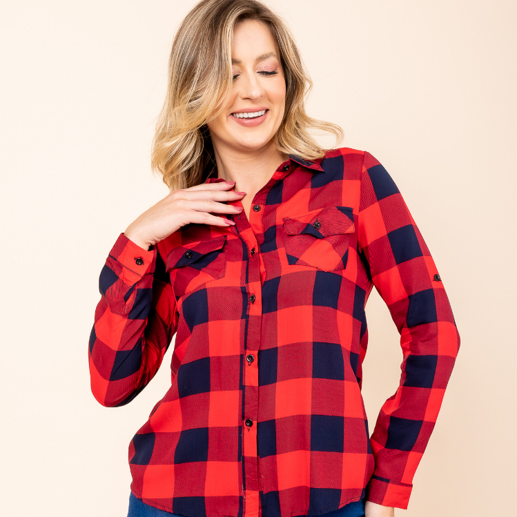 Camisa Feminina Xadrez Manga Longa com Botões e Bolso Frontal Viscose Blusa Flanelada Quadriculada em Oferta na Shopee
