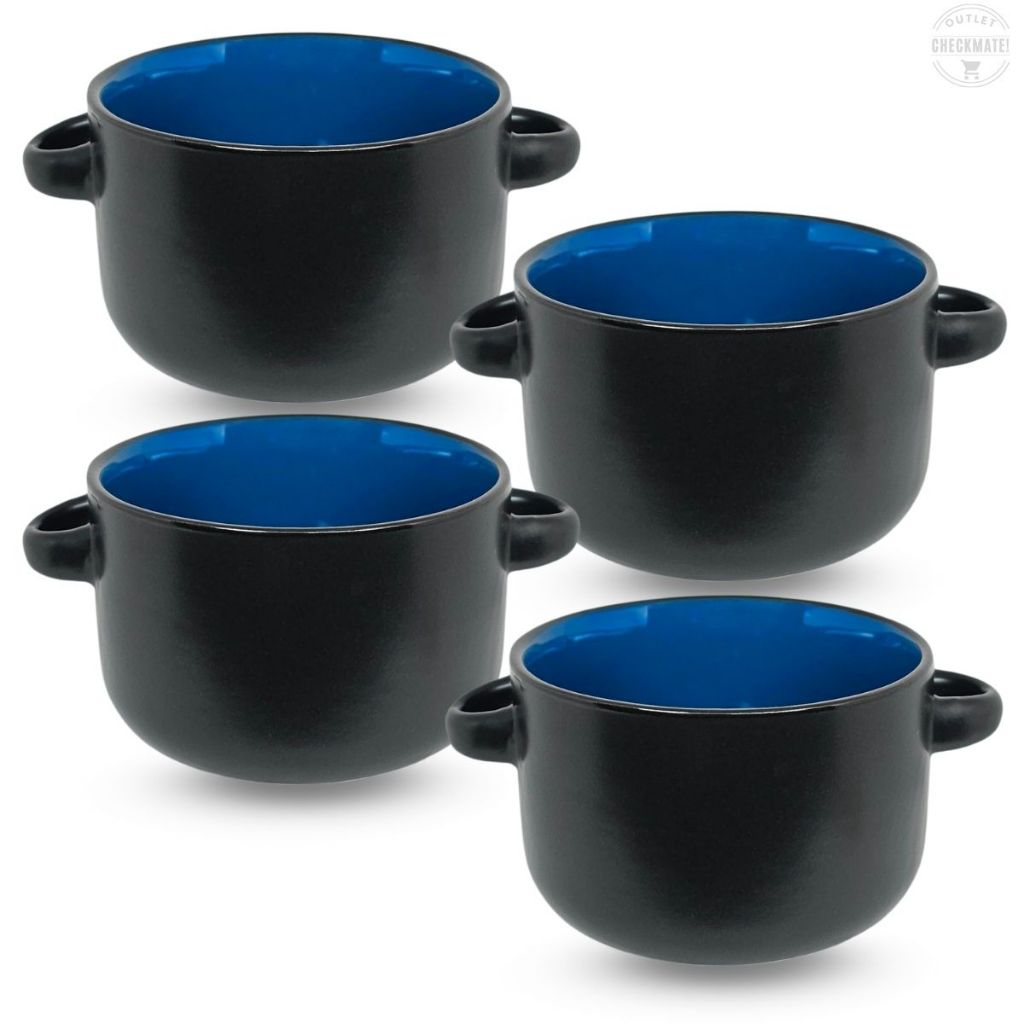 Kit 4 Caçarola Ramekin de Cerâmica com Alça 310ml | Mini Travessa Resistente ao Calor Forno e Air Fryer cor Azul e Preto