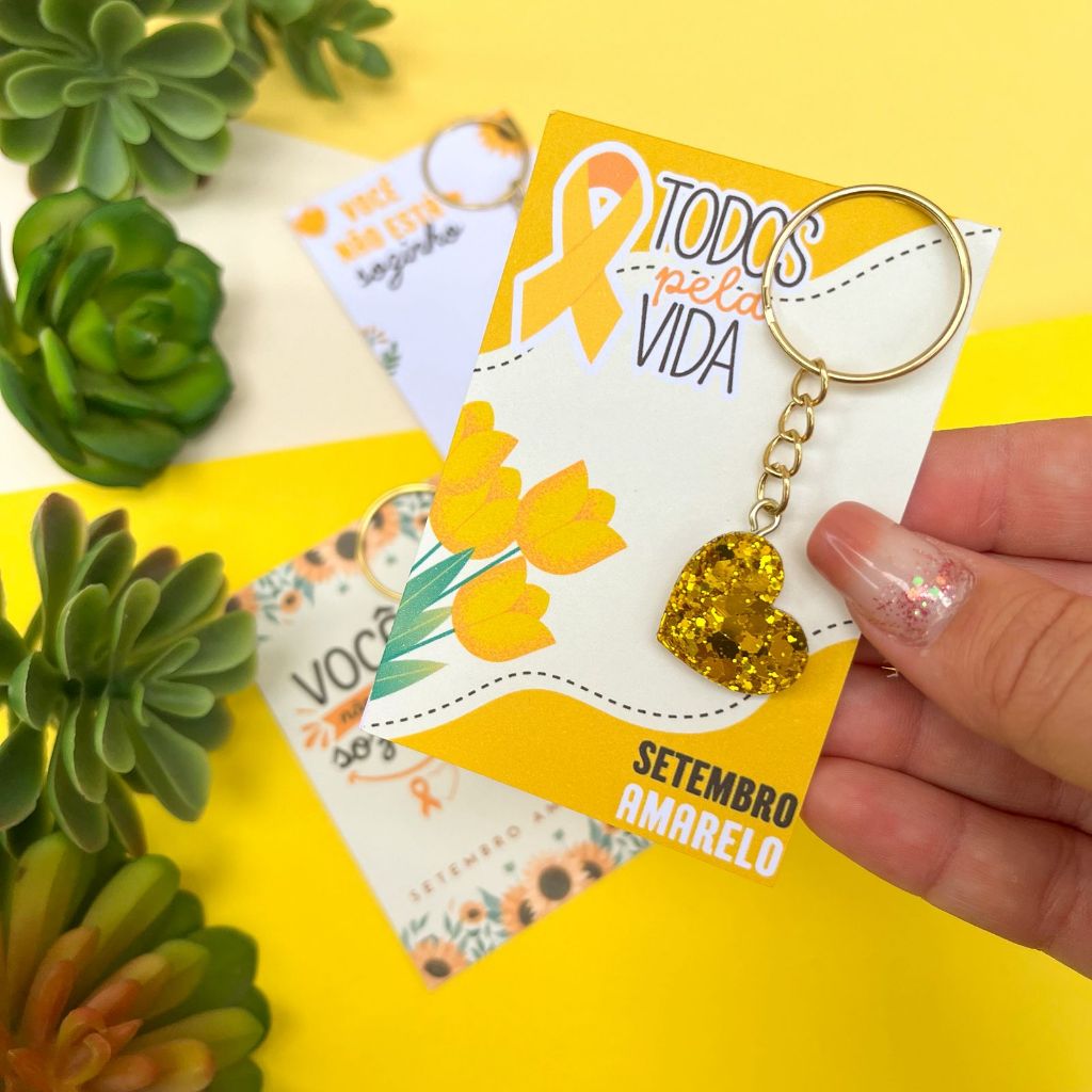 KIT DE CARDS + CHAVEIRO CORAÇÃO AMARELO CAMPANHA SETEMBRO AMARELO / BRINDE E MIMOS CORPORATIVOS /