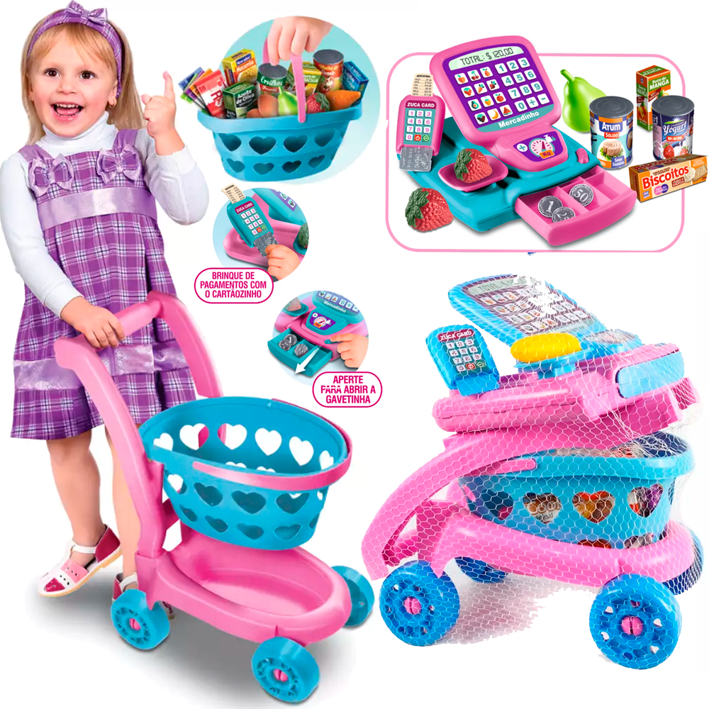 Carrinho de brinquedo compras super mercado frutas mercadinho caixa registradora carro faz de contas