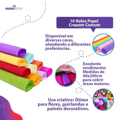 10 Rolos Papel Crepom Comum 48x200cm Coloridos 10 Cores Papel Escolar Decoração Artesanato