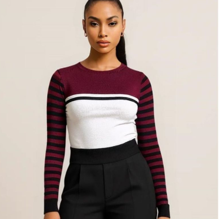 Blusa Feminina Tricot Com Listras Manga Longa Tricolor Canelada Moda Outono/Inverno Frio Tricô