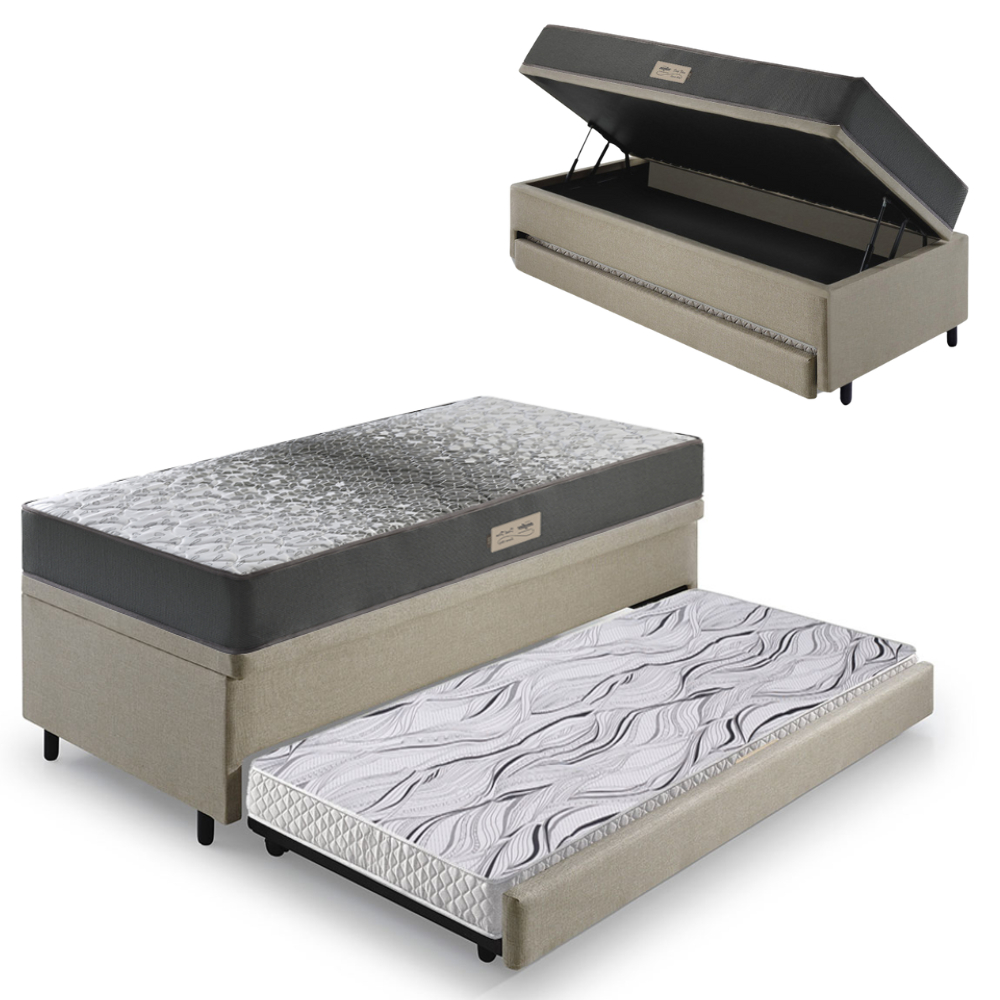 Bicama Box Baú Solteiro Com Colchão Dual Firm Ecoflex Linho Bege 88x188