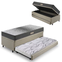 Bicama Box Baú Solteiro Com Colchão Dual Firm Ecoflex Linho Bege 88x188
