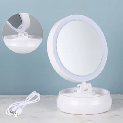 Espelho Maquiagem Aumento 10x Luz Led Dupla Face Camarim Beleza Giratório Portátil ref: HX-4