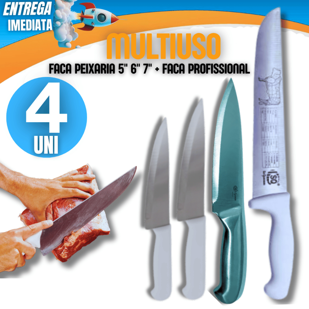 Combo 4 - 1 Faca Profissional 10" Carne Churrasco Variáveis  + 3 Facas Inox Peixeira Cozinha Carne 5", 6", 7" Polegadas