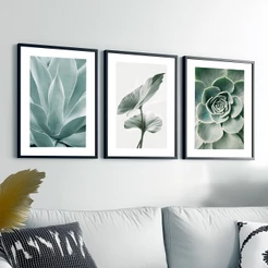 Kit Quadros Decorativos 3 Peças Sala Moldura 50X70 cm Quarto Folhagem Verde