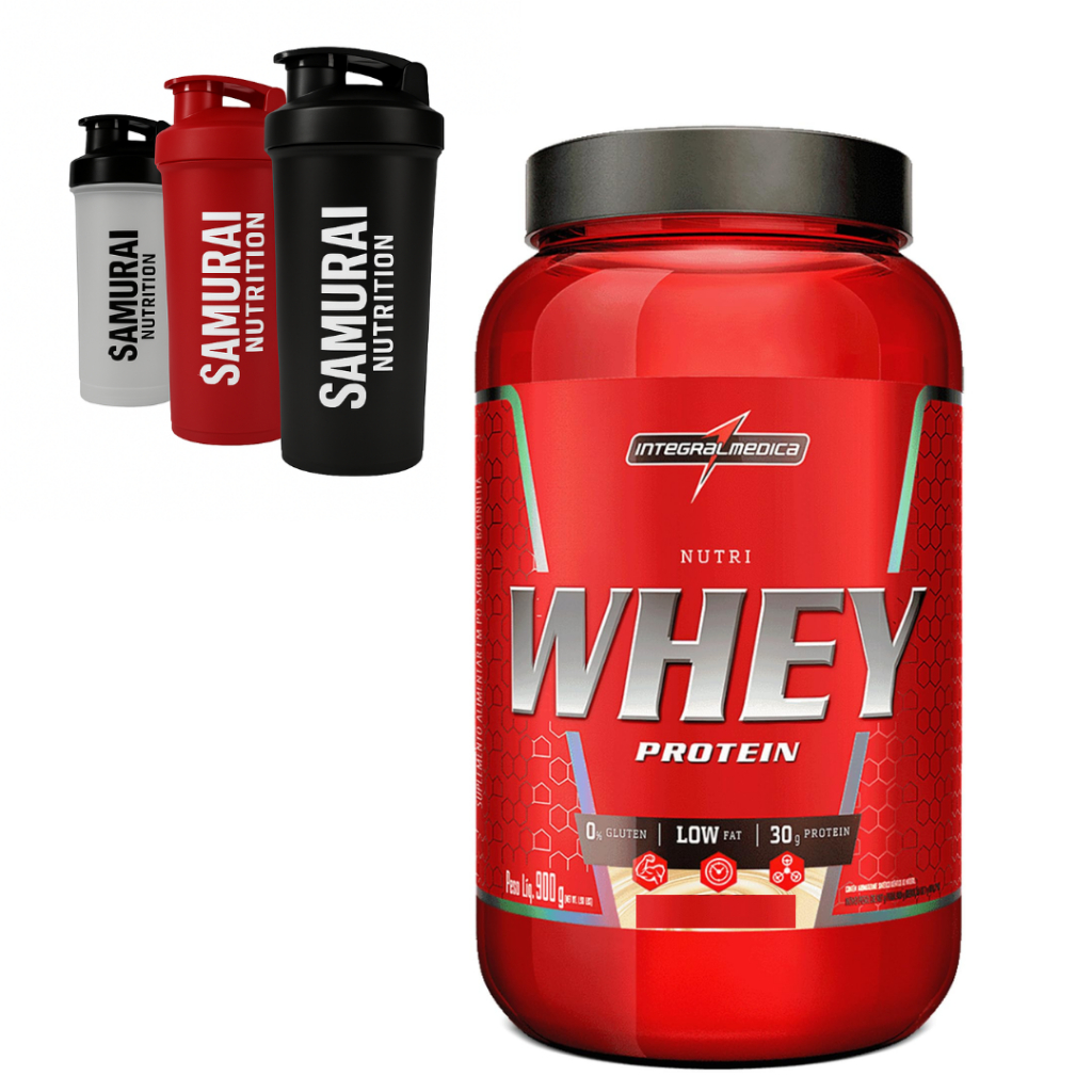 Kit 1 Nutri Whey 900g Pote Integral Médica + 1 Coqueteleira 600ml em Oferta na Shopee