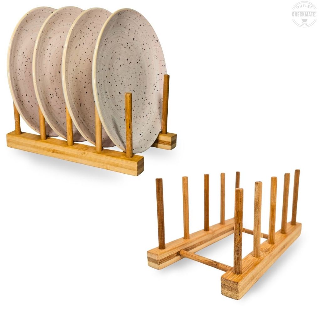 Suporte de Bambu Natural para Pratos, Tampas e Tábuas – Organizador Escorredor Compacto