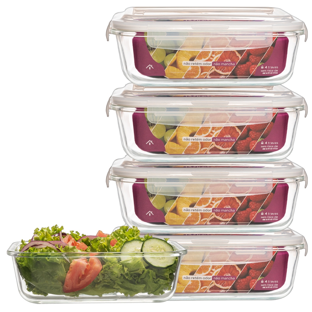 Kit 4 Potes Vidro Retangular 1520ml Hermético Reforçado