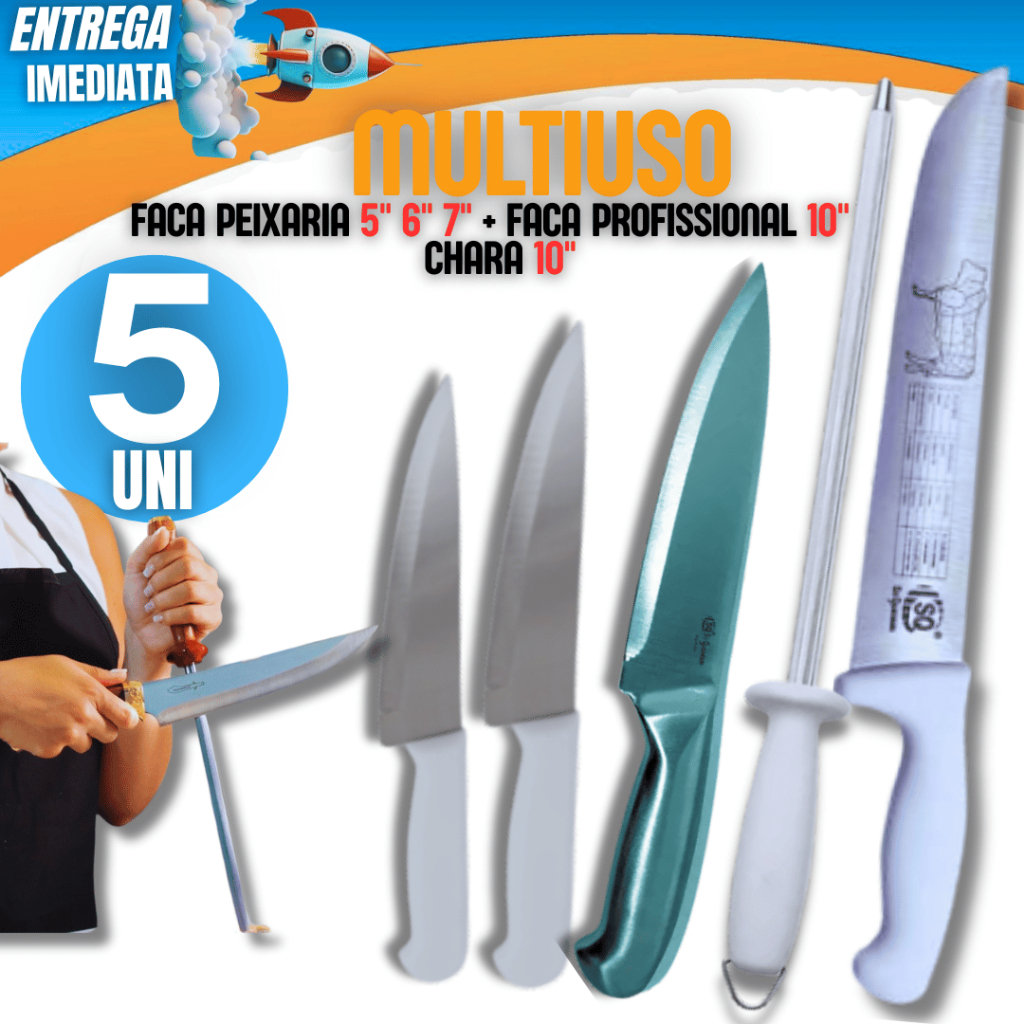 Jogo 5 - 1 Faca Profissional 10" + 3 Facas Inox Peixeira Cozinha Carne 5", 6", 7" Polegadas 1 Chaira 10" Linha Premium