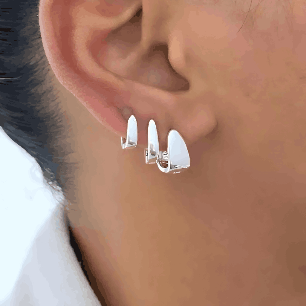 Trio Brinco Argola Click Prata 925 Triangular