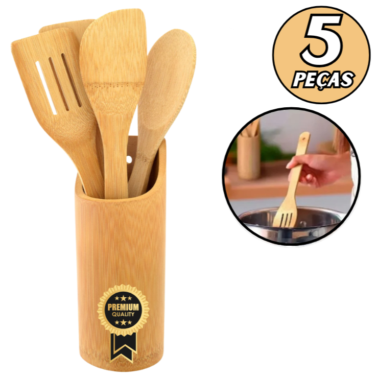 Kit Utensilios Cozinha Em Bambu Casa Cozinha Colheres Garfo Escumadeira 5 Peças Anti Fungo...