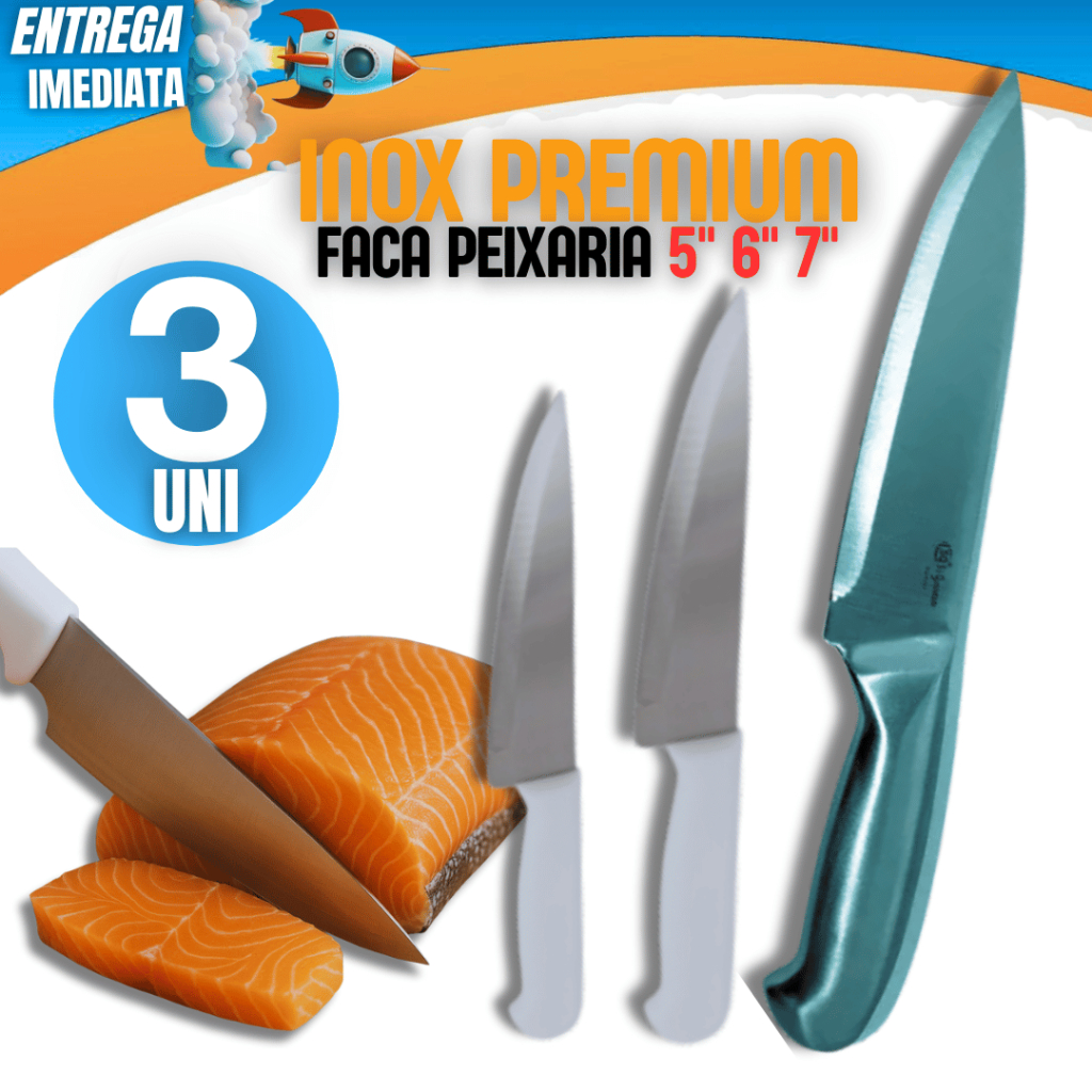 Combo 03 Facas Inox Peixeira Cozinha Carne 5", 6", 7" Polegadas Cabo Branco Linha Resistente Premium Qualidade Casa