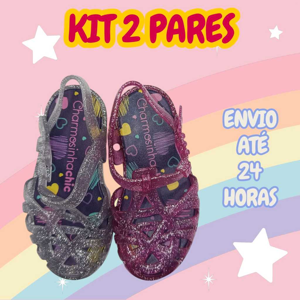 Kit 2  Pares Charmosinha Sandália Sapato Sapatilha Infantil Menina Rosa + Cristal com Glitter