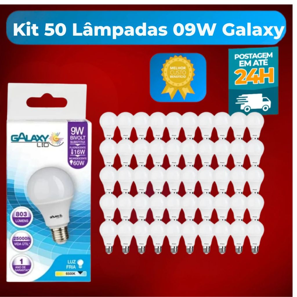 Kit com 50 Lâmpadas LED 9W E27 6500K Bivolt Galaxy LED – Economia, Durabilidade e Iluminação Eficiente Transforme em Oferta na Shopee