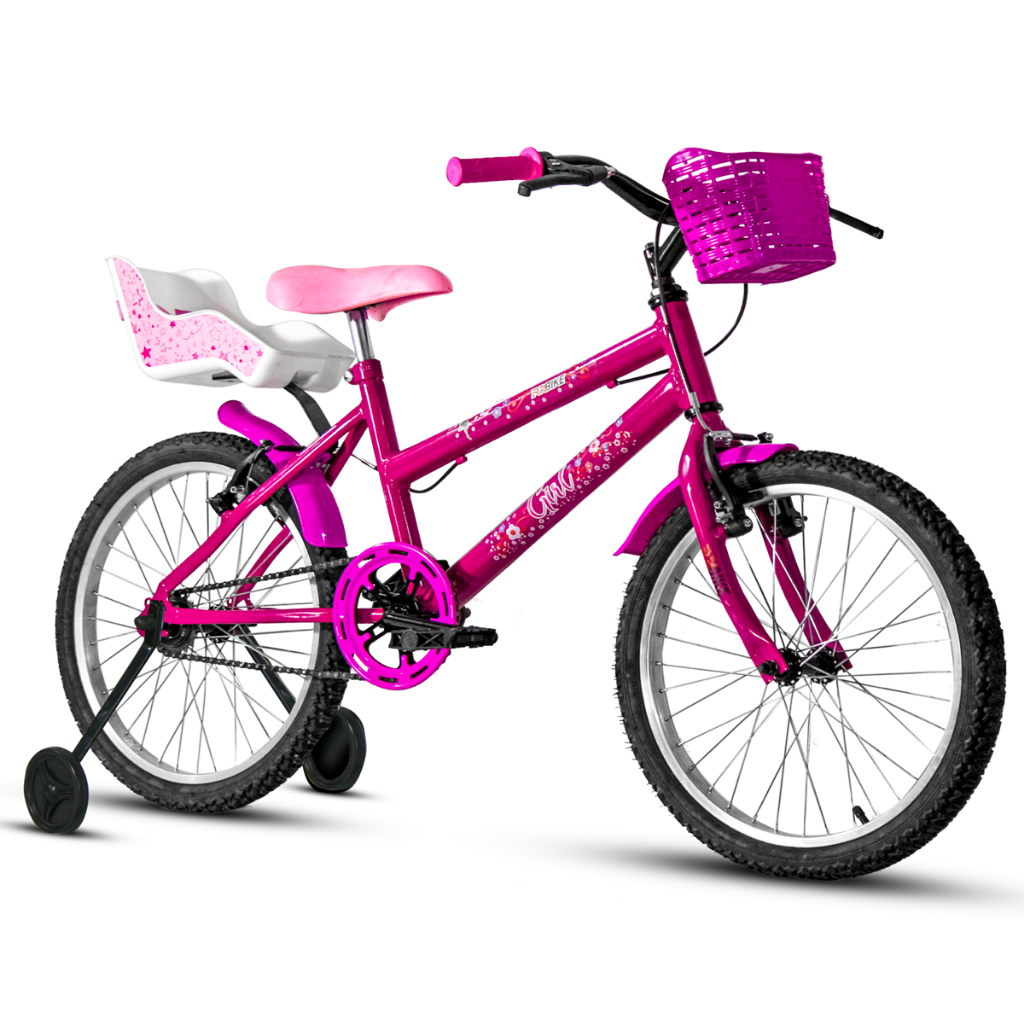 Bicicleta Aro 20 Infantil Feminina Com Cesta E Rodas Auxiliares Meninas Treinamento Caderinha Boneca