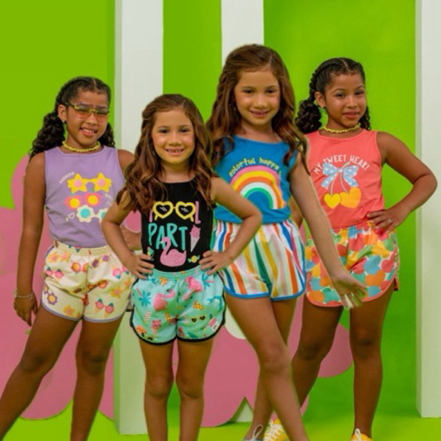 Conjunto Infantil Menina Verão - Blusa Algodão + Short Tactel Estampado Colorido conforto passeio 2 a 12 anos