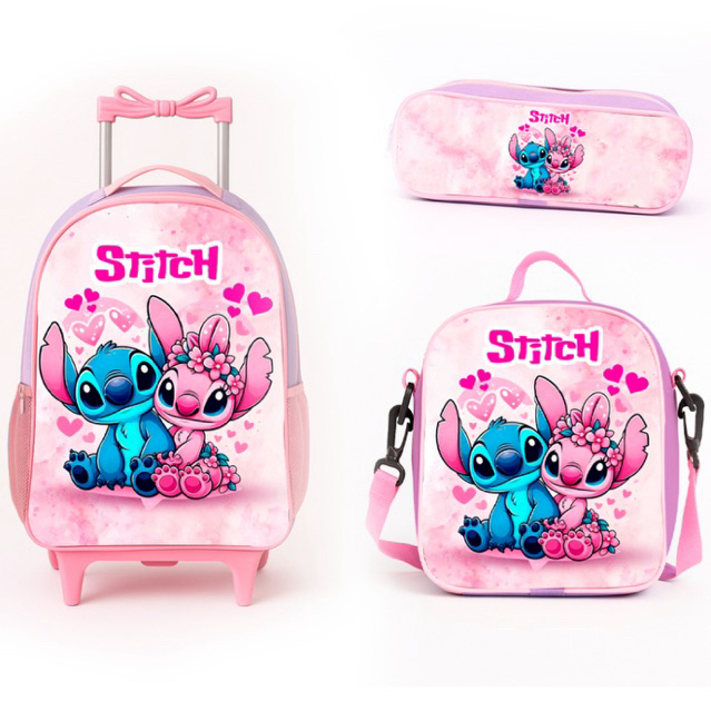 Kit mochila escloar infantil Stitch + Lancheira + Estojo de rodinhas Reforçada