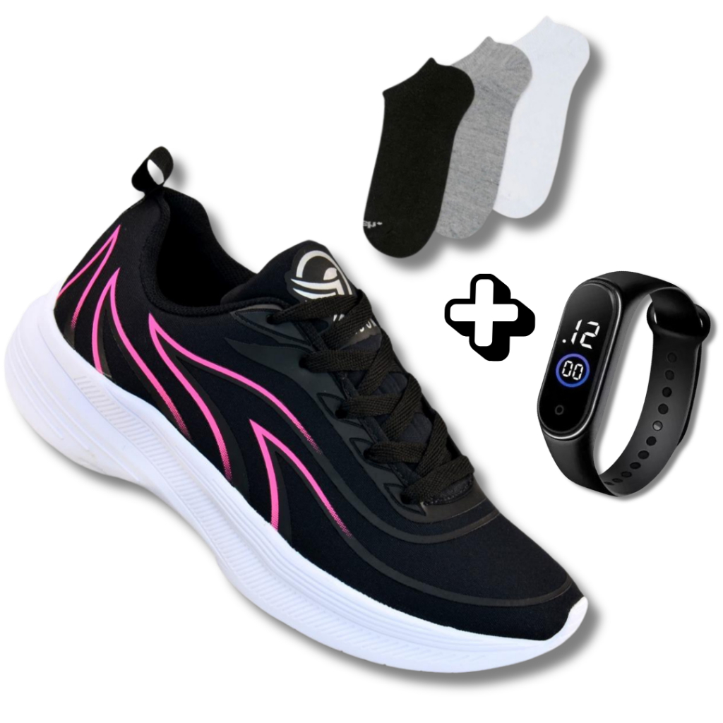 Kit Fitness Feminino: Tênis Leve + Meia + Relógio | Para Treinar com Estilo em Oferta na Shopee