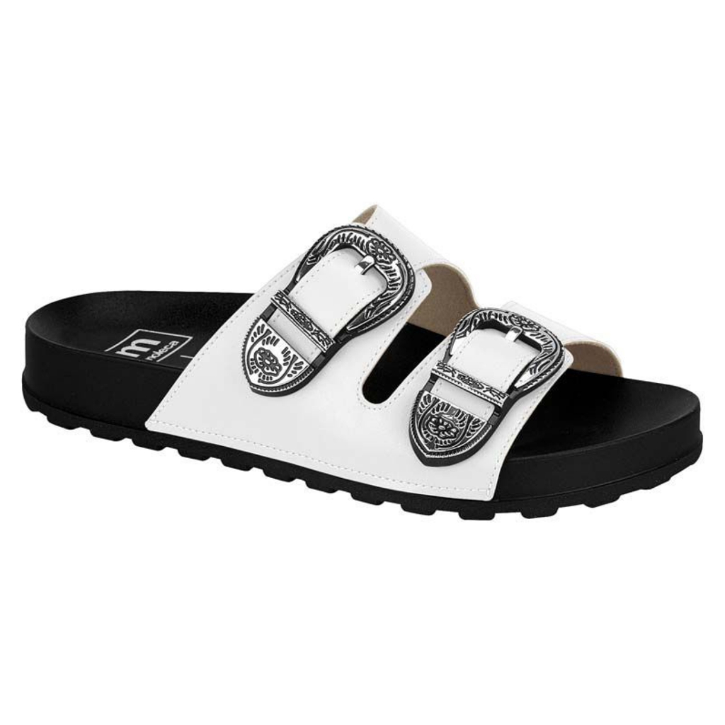 Sandália Feminina Slide Branca em Pelica Sintética com Fivelas Confortável Casual Moda blogueirinha!