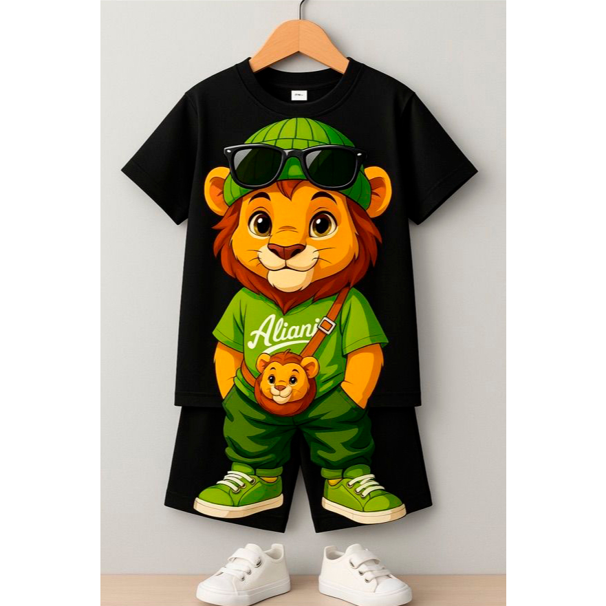 Conjunto Leão Estiloso Infantil Camiseta Bermuda Moletom Estampado Moderno