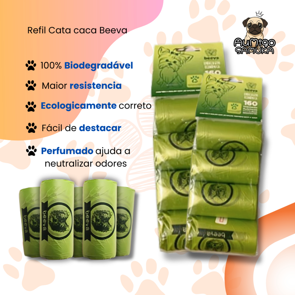 Refil de Cata Caca Biodegradável BEEVA - 80 saquinhos (4 rolos)