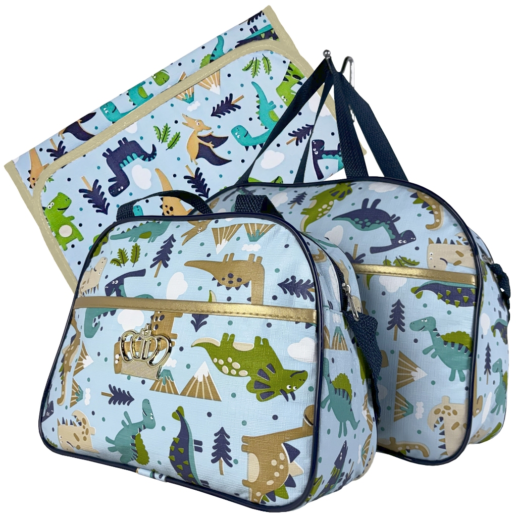 Kit Mala Maternidade 2 Bolsas Impermeável Menino Dinossauro Trocador dobravel conforto Facil Limpeza em Oferta na Shopee
