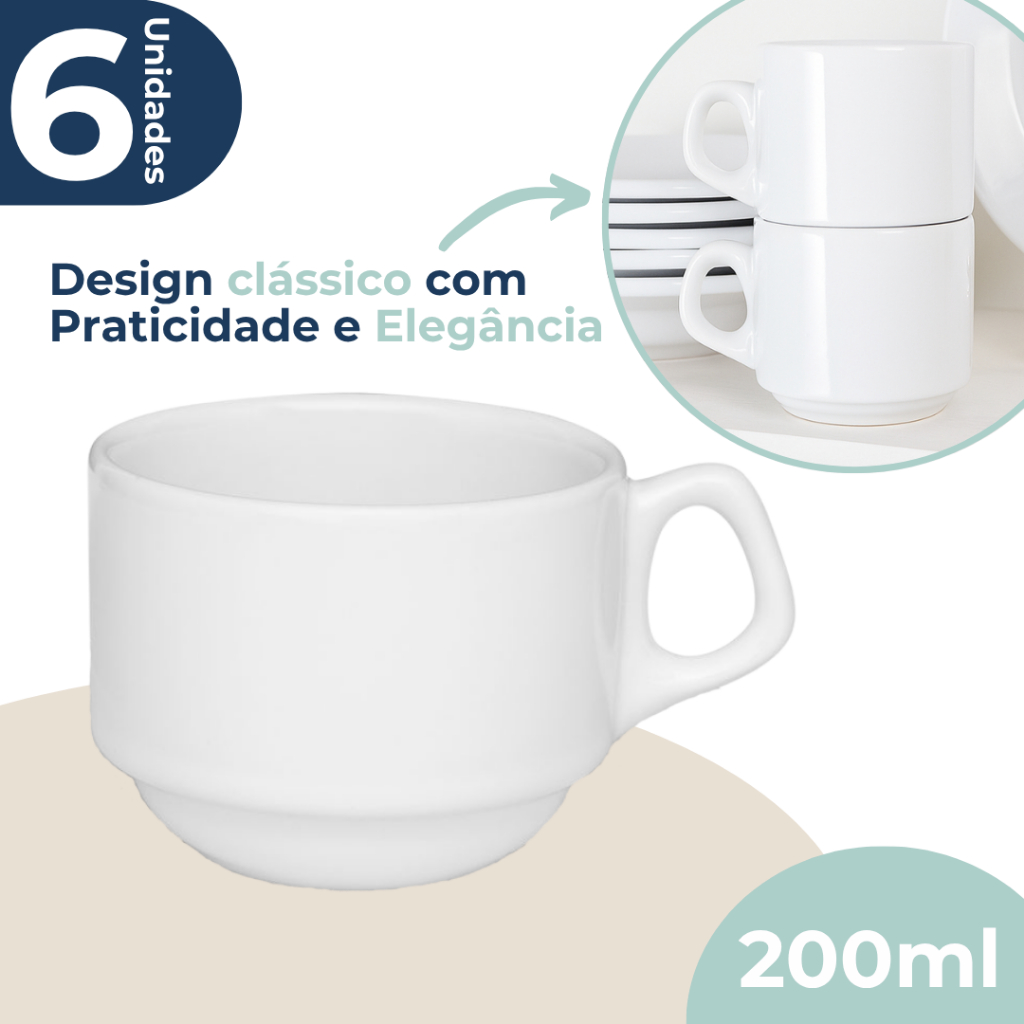 Jogo 6 Xícaras Café Chá Porcelana Empilhavel 200ml Sem Pires Oxford - Home & Living