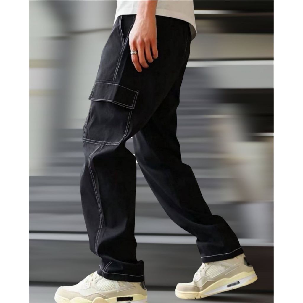 Calça Cargo Masculino Cor Preto Com Linha Branca Sarja Skate C/ Elástico P AO GG