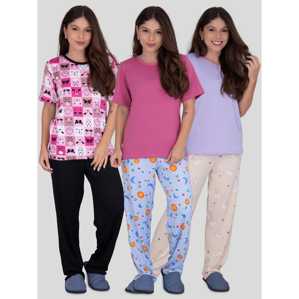 Kit 3 Pijamas Feminino Estações Calça Comprida + Camiseta Manga Curta