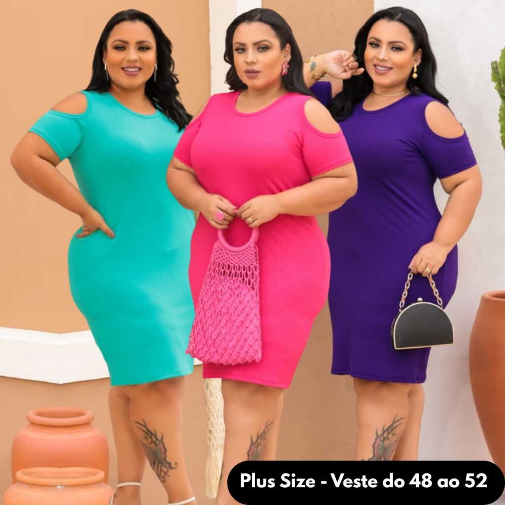 Vestido Feminino Tubinho Canelado Plus Size Manga com Ombro Vazado