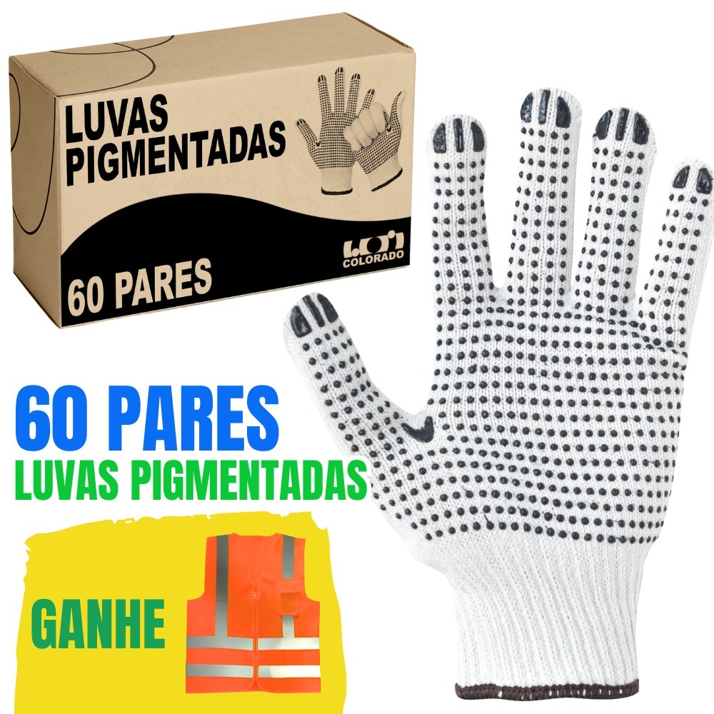Luva Obra + Brinde Colete Trabalho Pedreiro Tricotada Pigmentada Malha Branca Epi Caixa
