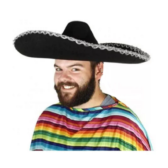 Chapéu Sombreiro Mexicano Tequileiro de Feltro Preto com Fita Brilhante p/ Festa Fantasia e Carnaval