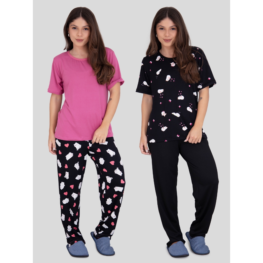 Kit com 2 Conjuntos de Pijama Calça Comprida e Manga Curta Estações
